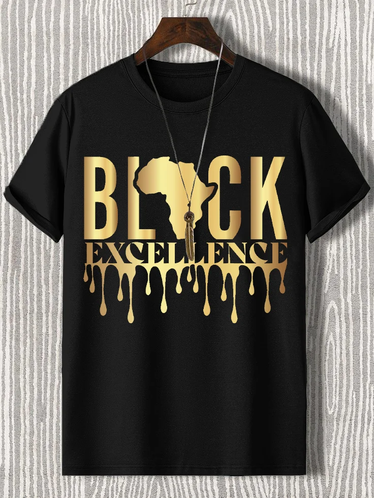 Men's Golden Black Excellence Africa Map Silhouette Print Cotton Casual T-Shirt