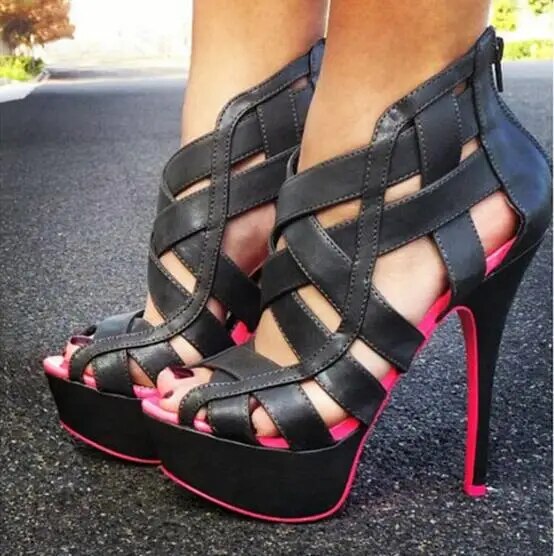 VCSHOES Woman Yellow/Hot Pink 145 Mm Stiletto Heels 40 Mm Platform Cuts Out Open Toe Zip Back High Heel Sandals Shoes