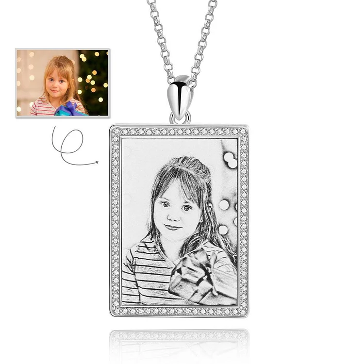 Personalized Photo Engraved Necklace Crystal Square Shape Pendant Sterling Silver
