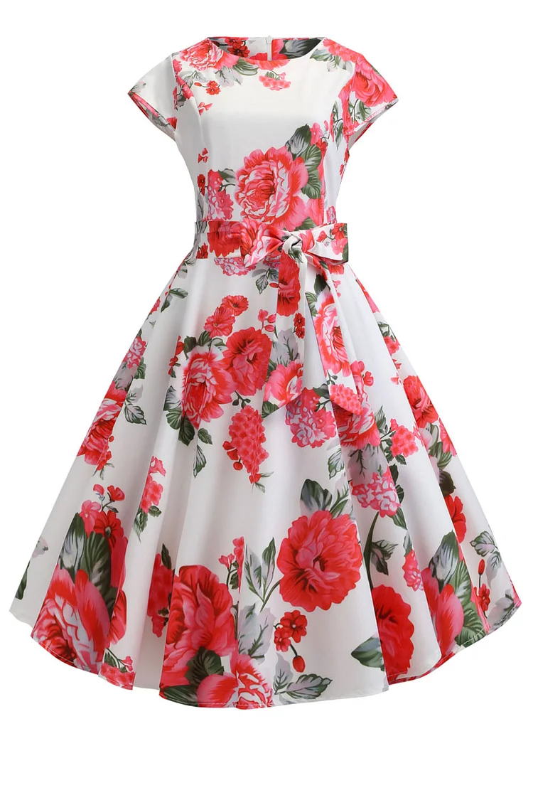 1950s White Party Floral Plant Print Bow Sash Swing Midi Dress