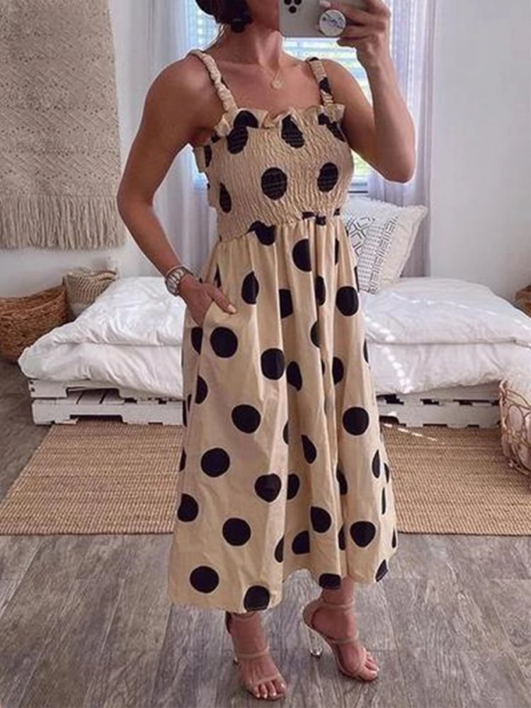 Straps Polka Dot Smocked Calf-length Dress P15503