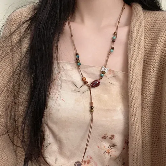 Ethnic Style Wooden Moon Smiley Long Woolen Chain Fashion Retro Niche Elegant High-end All-match Necklace for Women