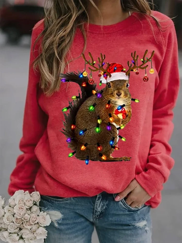 Funny Christmas Squirrel Lights Print Sweatshirt