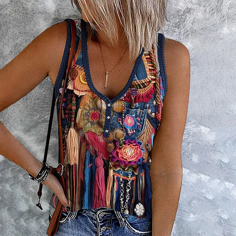 Comstylish Western Tassel Patchwork Printed V-Neck Casual Tank Top