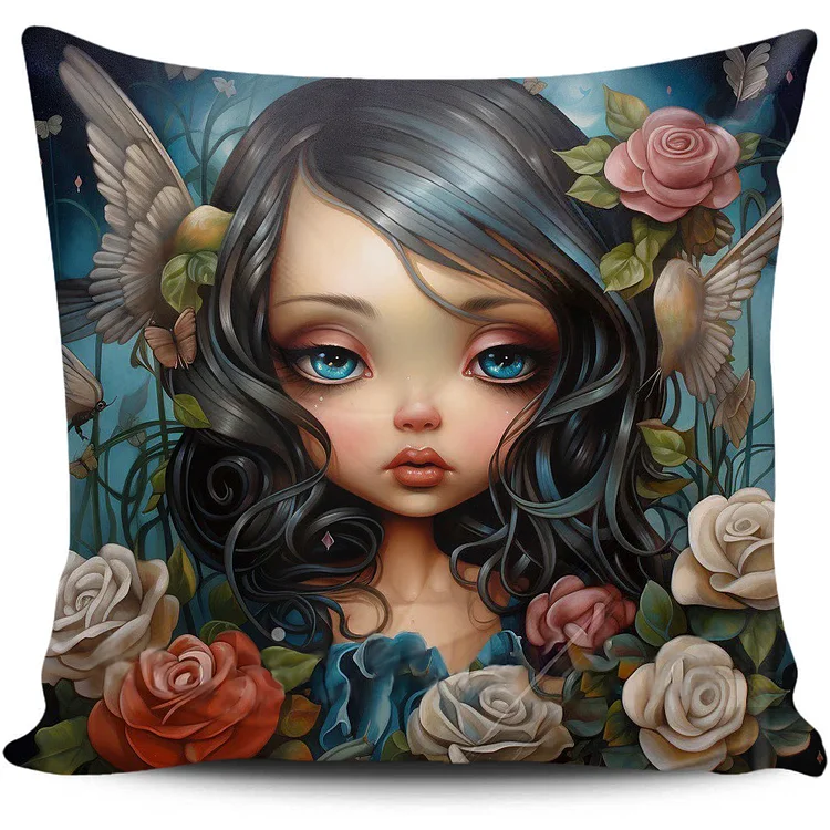 Cross Stitch Pillow - flower big eyes doll (45*45cm) gbfke