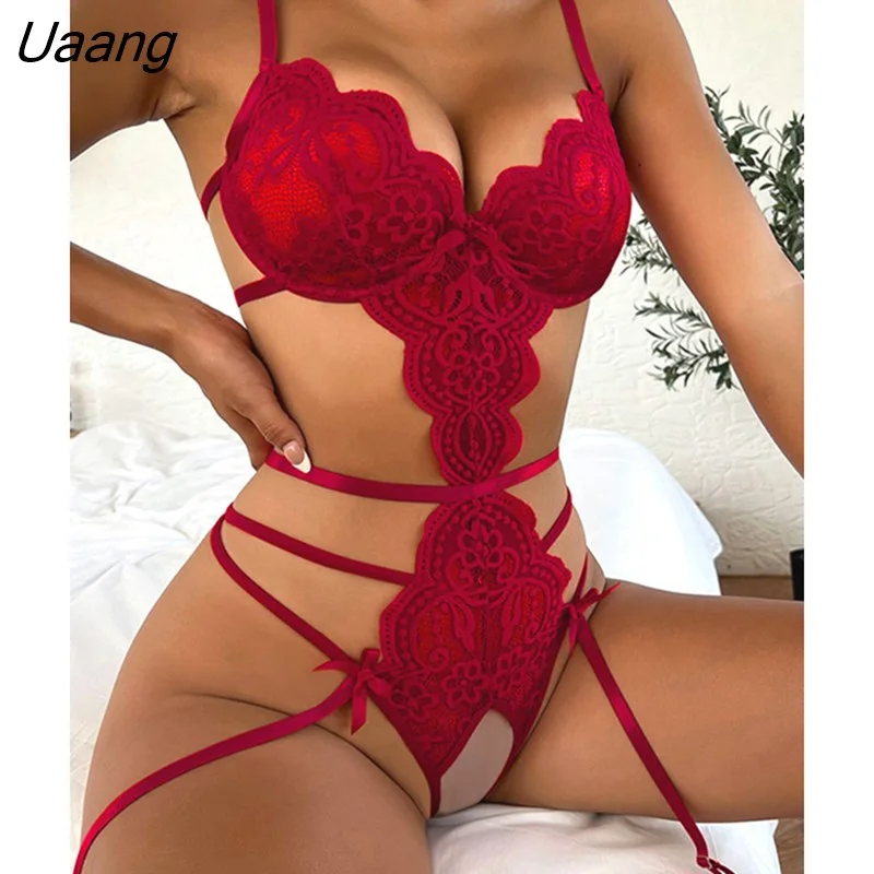 Uaang Bra Set Women Floral Transparent Lace Bra Panty Lingerie Set