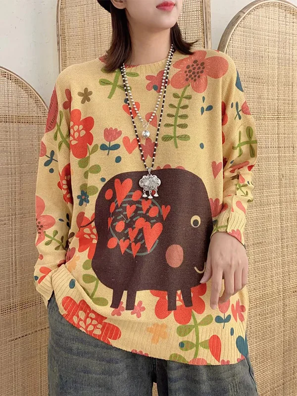 Retro Loose Elephant Printed Sweater
