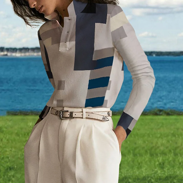 Vefave Geometric Colorblock Print Polo Shirt