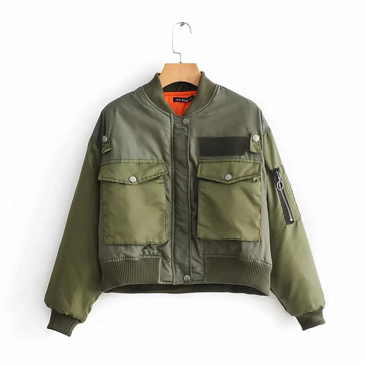 stylish lady autumn winter za green short jackets women fashion long sleeve zipper bomber jacket outwear women's coat - BlackFridayBuys