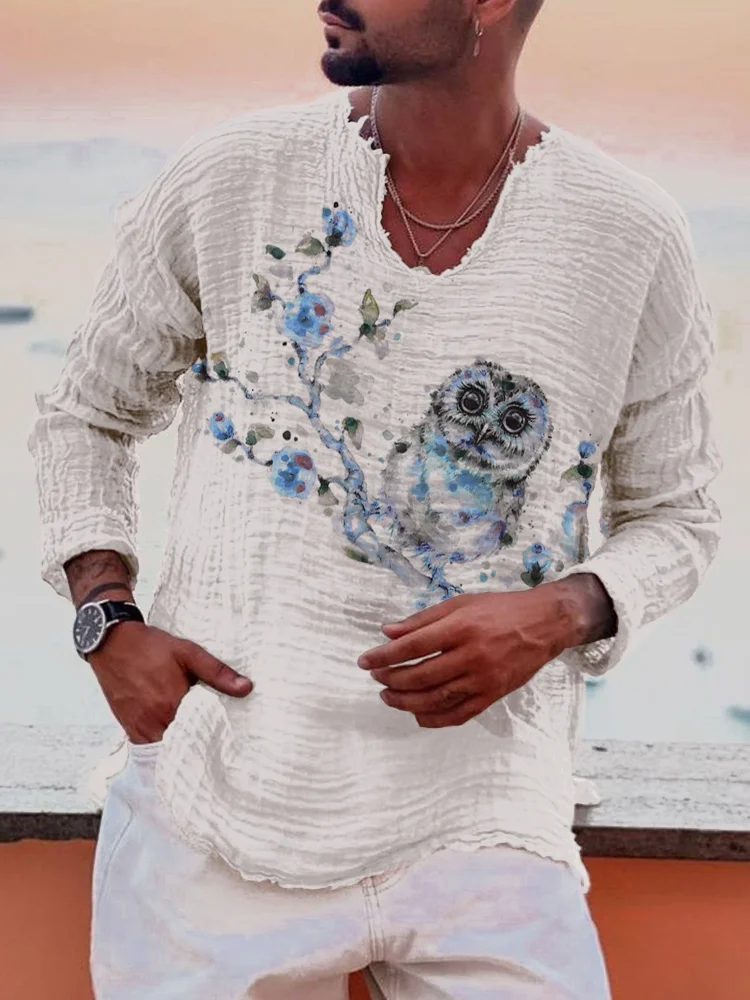 Men's printed cotton linen long sleeved top