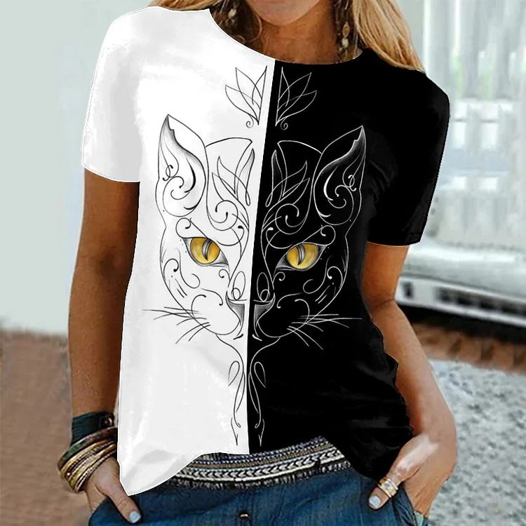 Vefave Colorblock Cat Print Short Sleeve T-Shirt