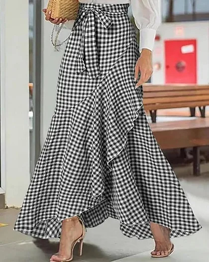 Plaid Ruffled Irregular High Waist Casual Skirt