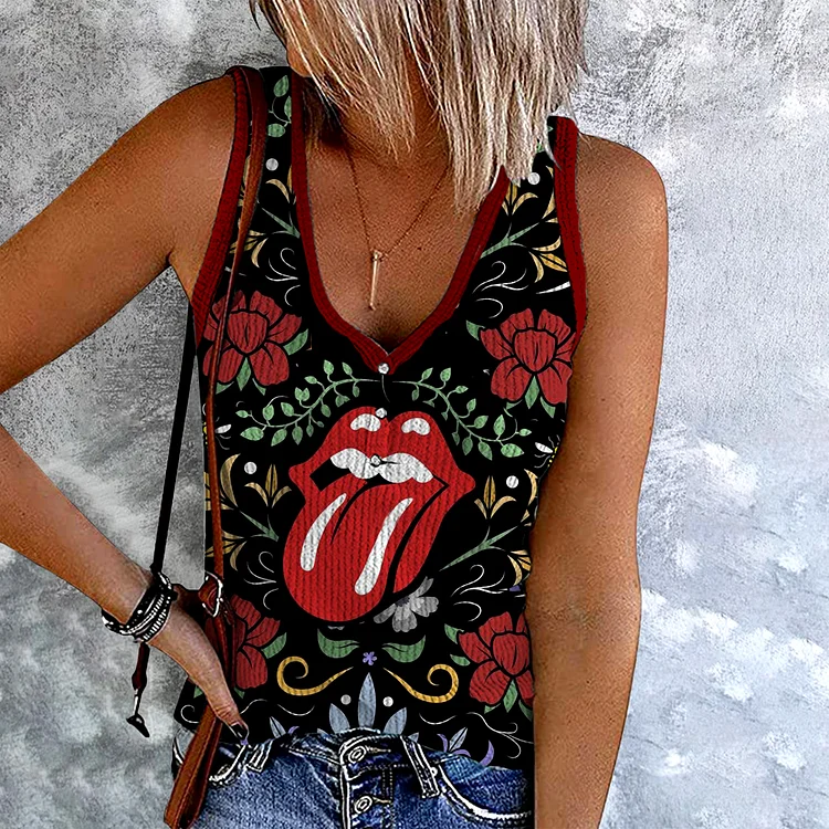Comstylish Retro Floral Stone Lips Graphic Sleeveless Tank Top