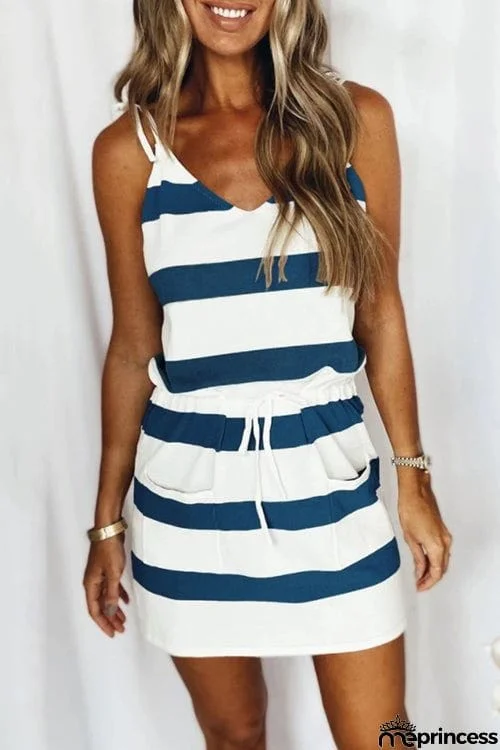 Fashion Lace Up Stripe Sling Vest Dress