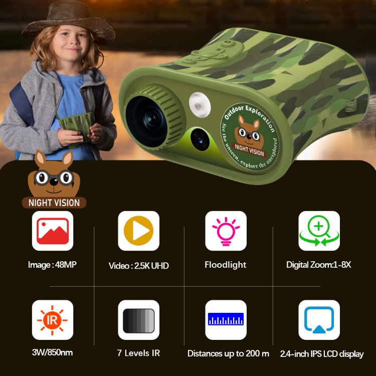 BekinTek Kids Night Vision Binoculars Rechargeable Digital Telescope NVG Infrared Goggles Full Dark Observing Scope 7x IR Adjustment 8x Zoom 2.5K Video Playback 48M Photo 2.4 Inches Large HD Screen with 32G TF Card for Children Day Night Camping Hiking 9