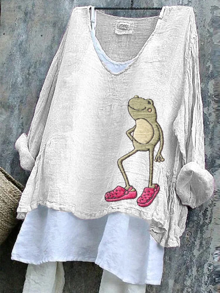 Funny Frog Embroidery Pattern Comfort Linen Shirt