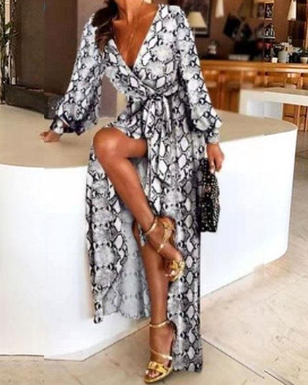 Early Spring Long Sleeve V-Neck Print Wrap Maxi Dress - Chicaggo