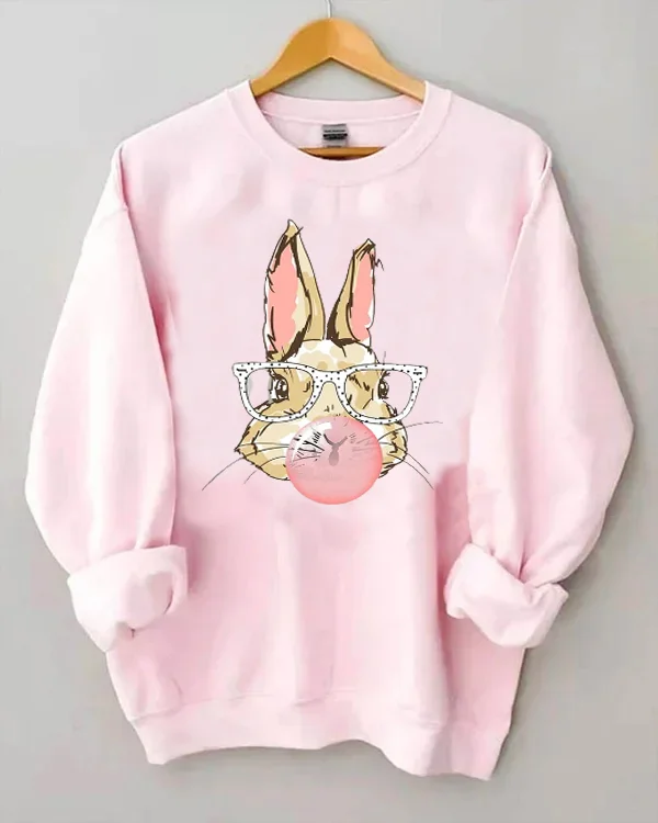 Cute Bunny With Glasses Bubblegum Print Sweatshirt
