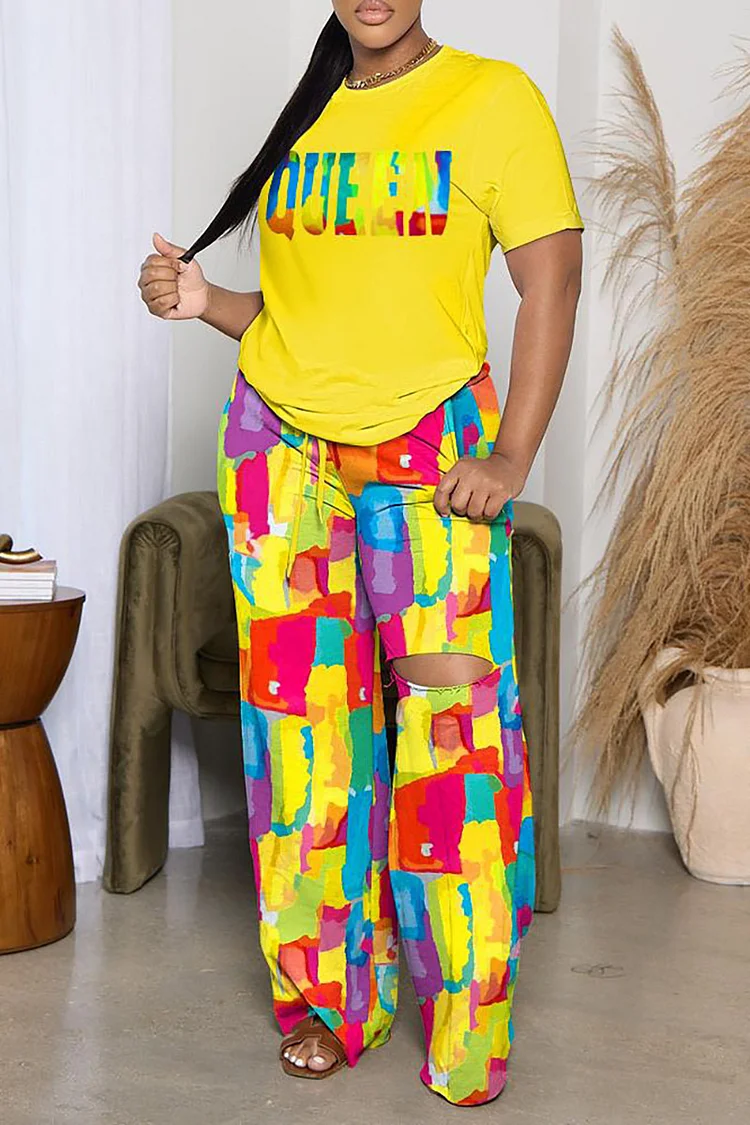 Letter Print Short Sleeve T-shirt Cut Out Pattern Print Pants Matching Set