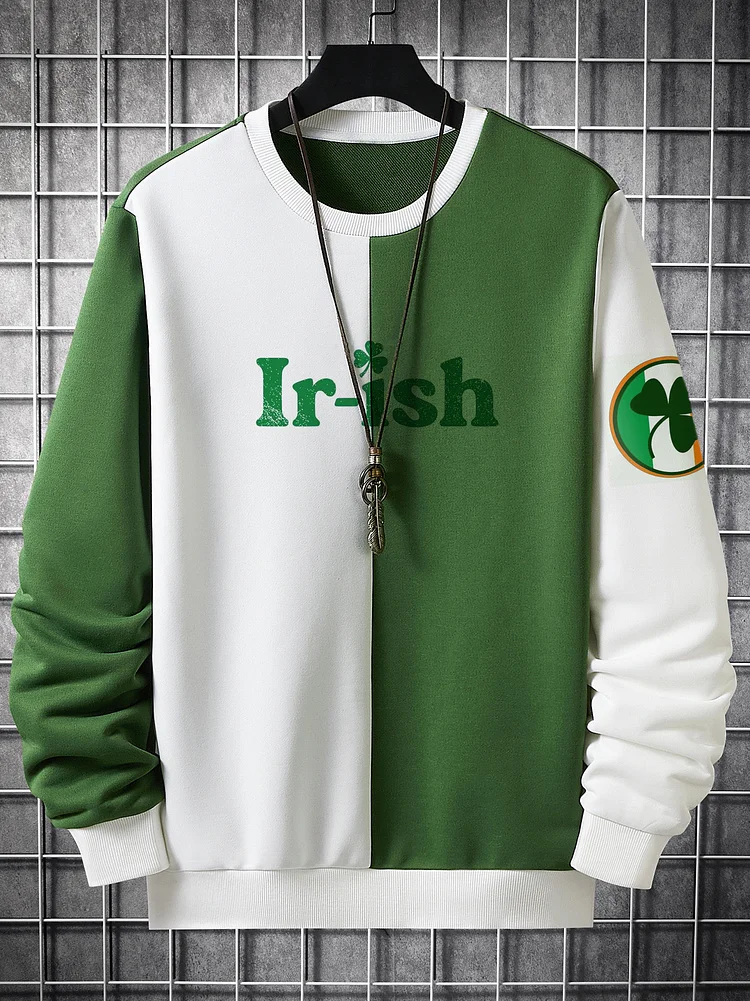 Men's St Patrick's Day Irish Shamrock Print Color Block Sweatshirt