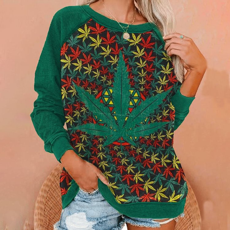 Vefave Casual Leaf Print Long Sleeve Sweatshirt