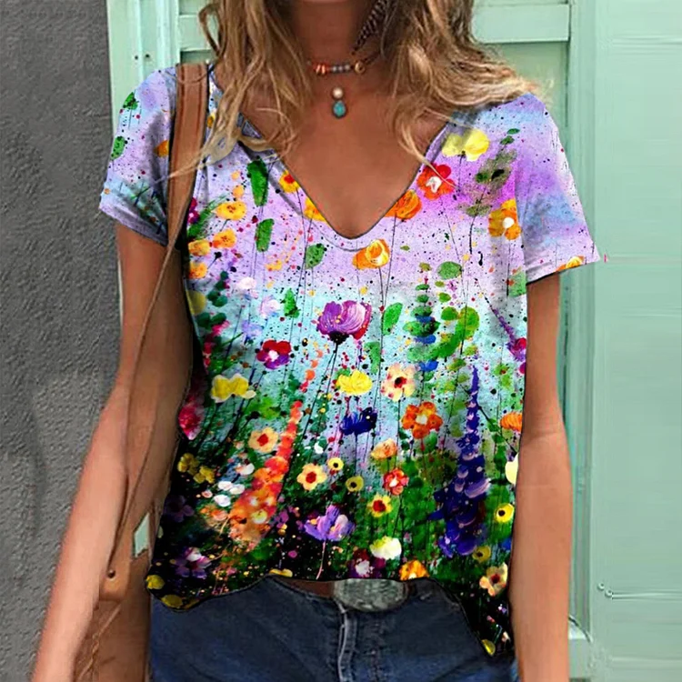 Casual Short Sleeve V-Neck Floral Print T-shirt
