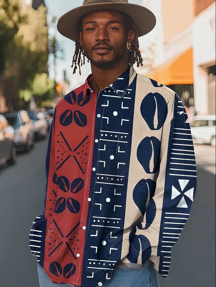 Men's Retro Abstract Stripes Coffee Beans Art Print Long Sleeve Shirt