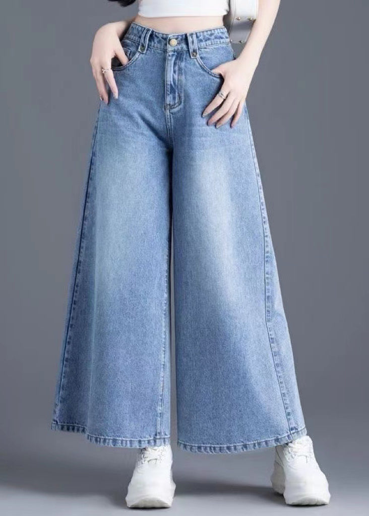 French Light Blue pockets elastic waist Cotton denim Pants Spring