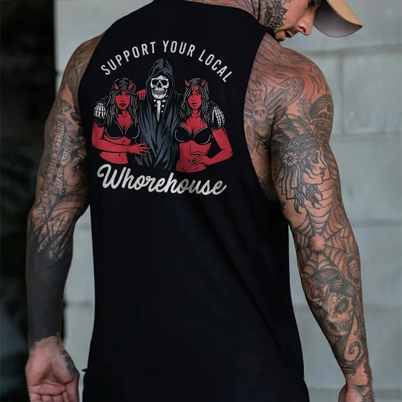 SUPPORT YOUR LOCAL WHOREHOUSE Black Print Vest