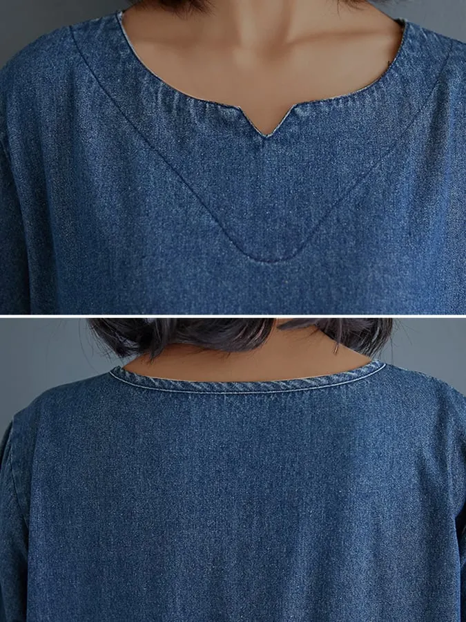 Loose Vintage Long Sleeve Denim Maxi Dress With Pockets