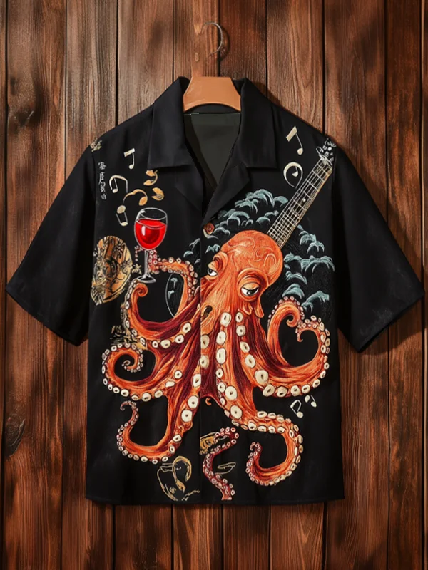 Men's Octopus Guitar Red Wine Print Short Sleeve Shirt