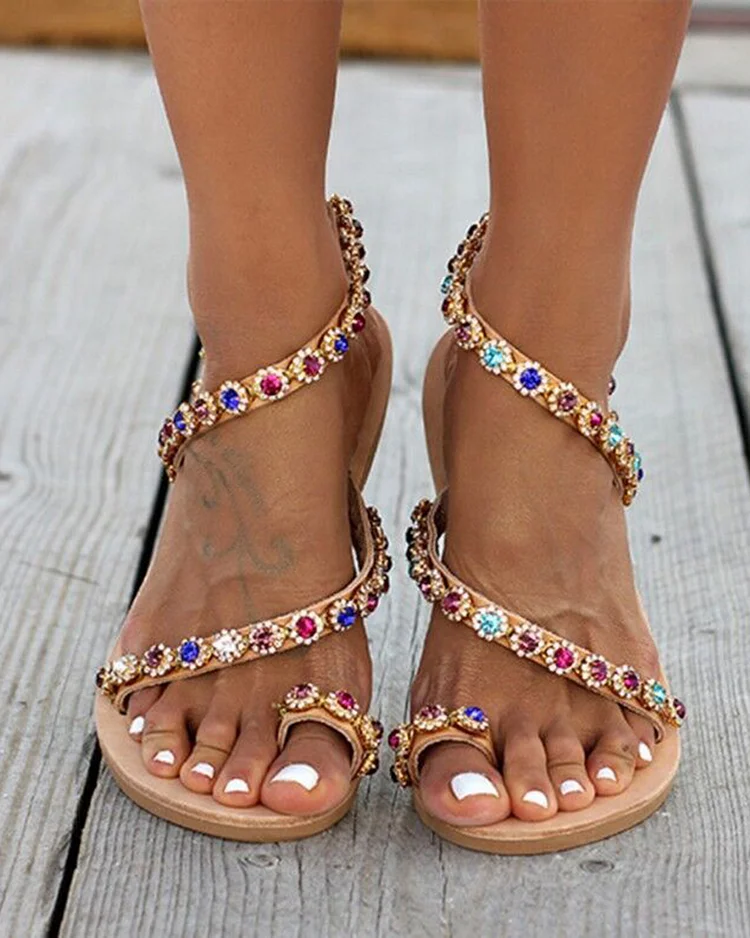 Ladies Flat Floral Slip-Toe Colorful Diamond Beach Shoes