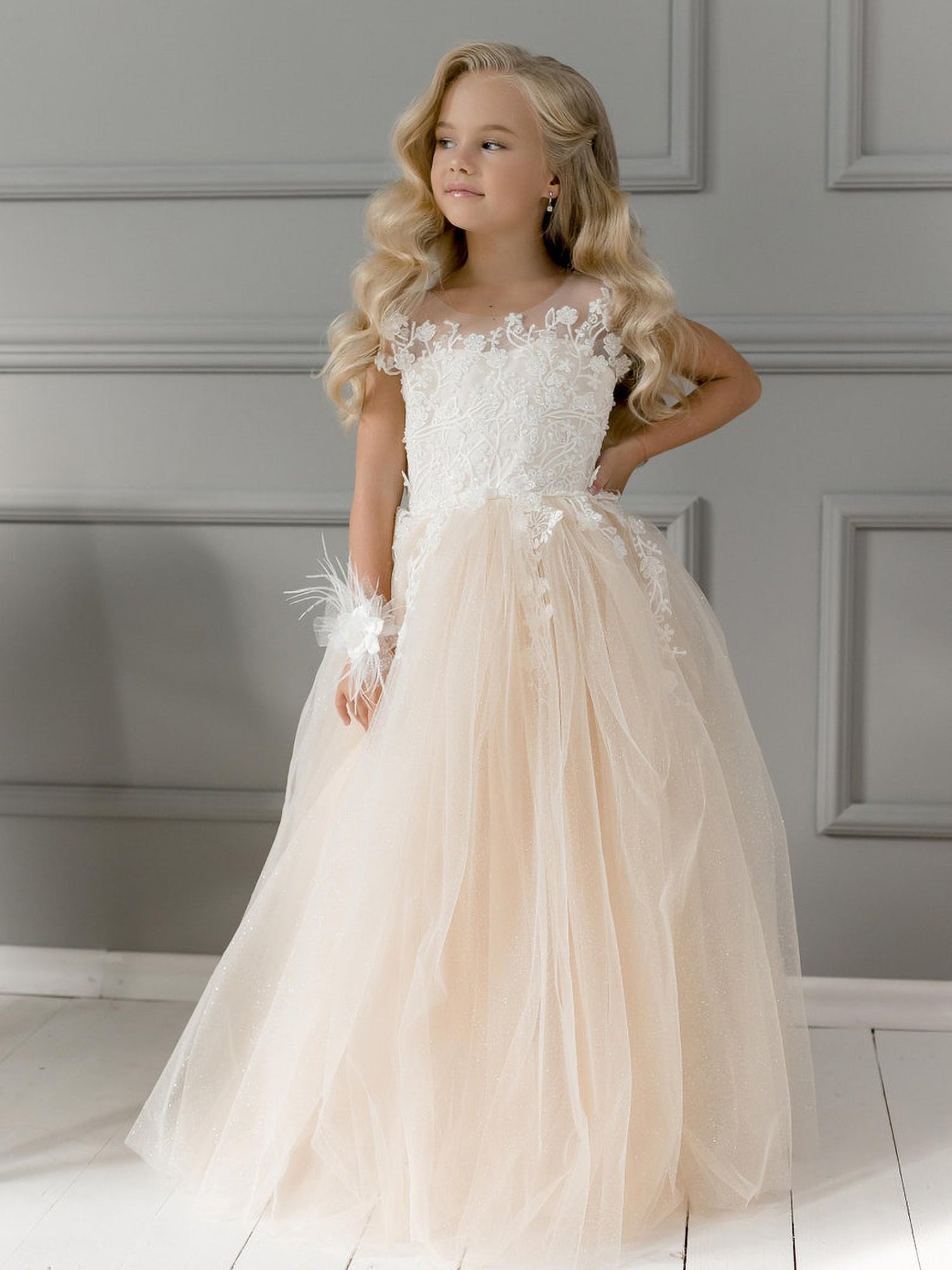 Bellasprom Simple Sleeveless A-line Flower Girl Dresses Tulle with Appliques Lace Pearls Bellasprom