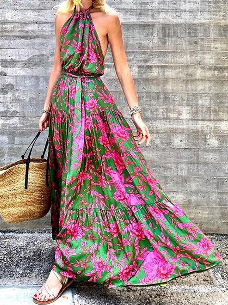Halter-Neck Flower Print Maxi Dress P12252