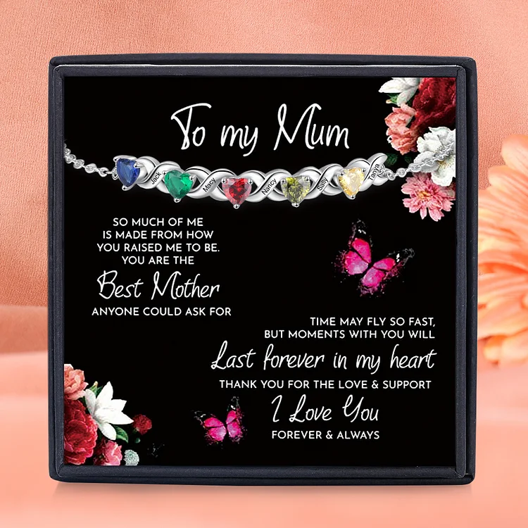 To My Mum/Mom Bracelet Family Custom Names Bracelet Heart Personalized with 5 Birthstones