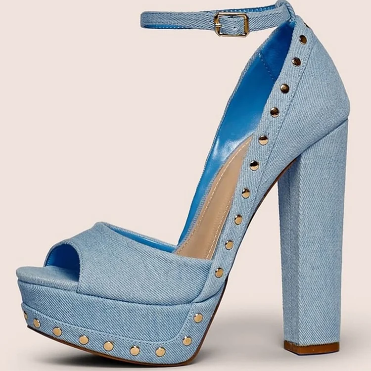 Blue Denim Peep Toe Chunky Heel Pumps Ankle Strap Studded Shoes |FSJ Shoes
