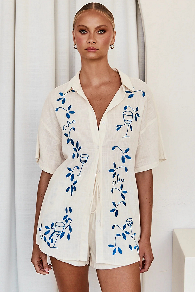 Floral Embroidery Short Sleeve Blouse Elastic Waist Shorts Matching Set-Blue
