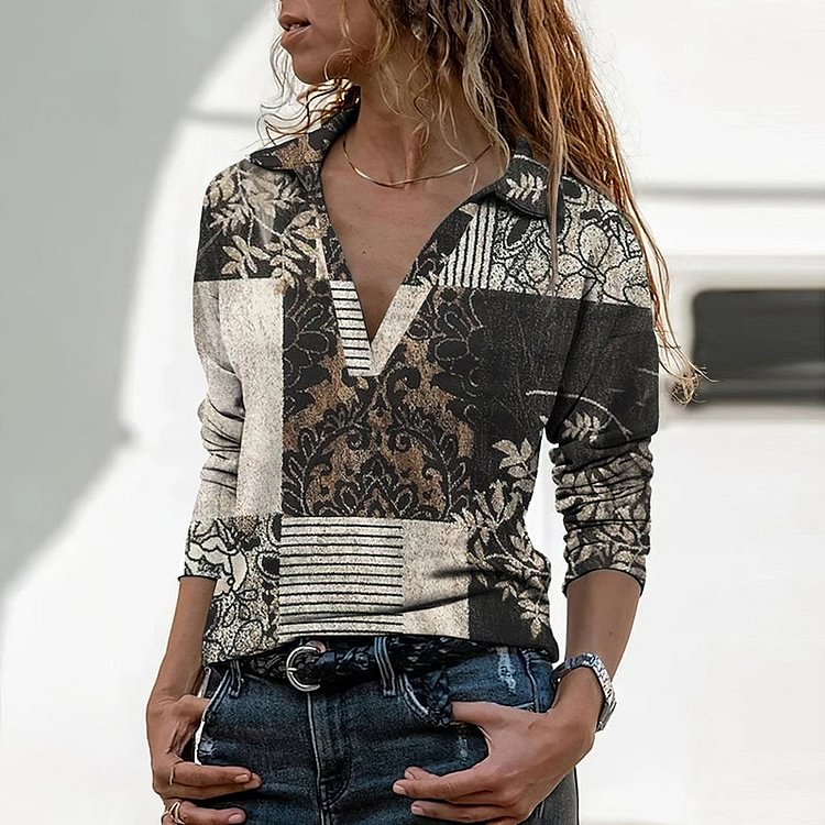 VChics Color Block Tribal Printing Long Sleeve Casual T-Shirt