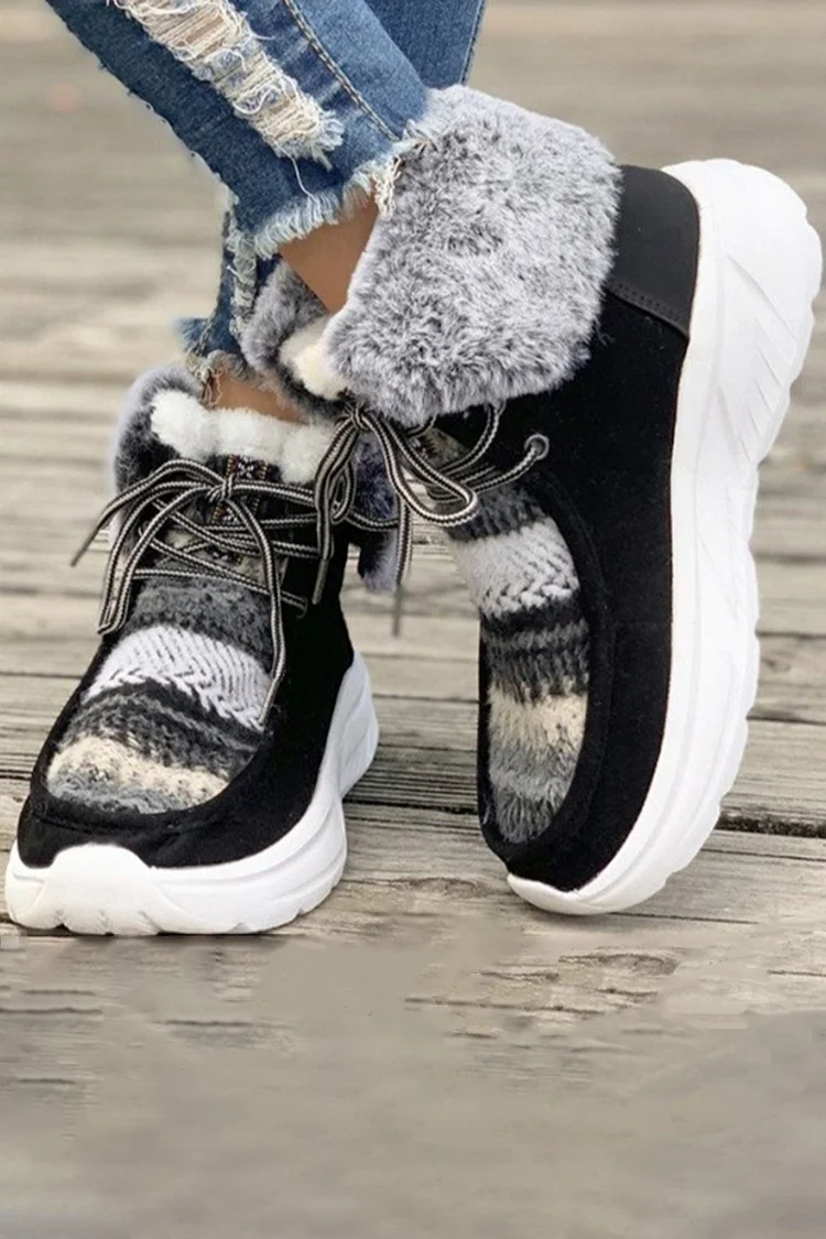 Colorblock Faux Fur Decor Patchwork Lace Up Snow Boots
