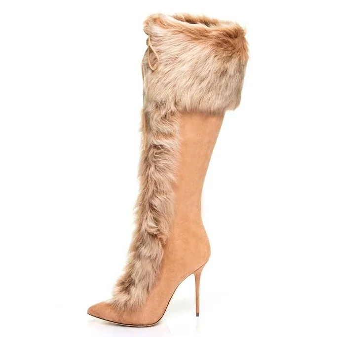 Khaki Suede Knee-high Fur Stiletto Boots Vdcoo