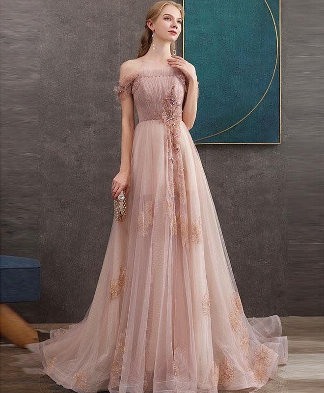Pink Tulle Lace Long Prom Dress Pink Lace Evening Dress
