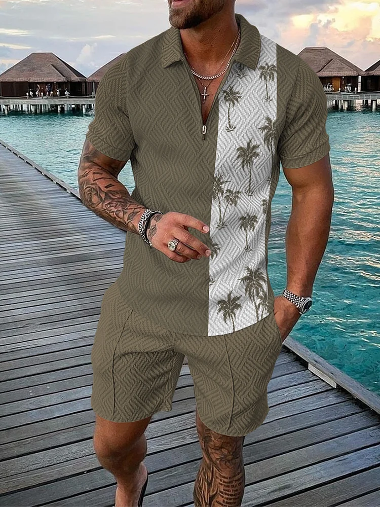 Men's Clothing summer popular short-sleeved vacation seaside coconut tree men's casual T-shirt suit manufacturer supply_ ecoleips_old