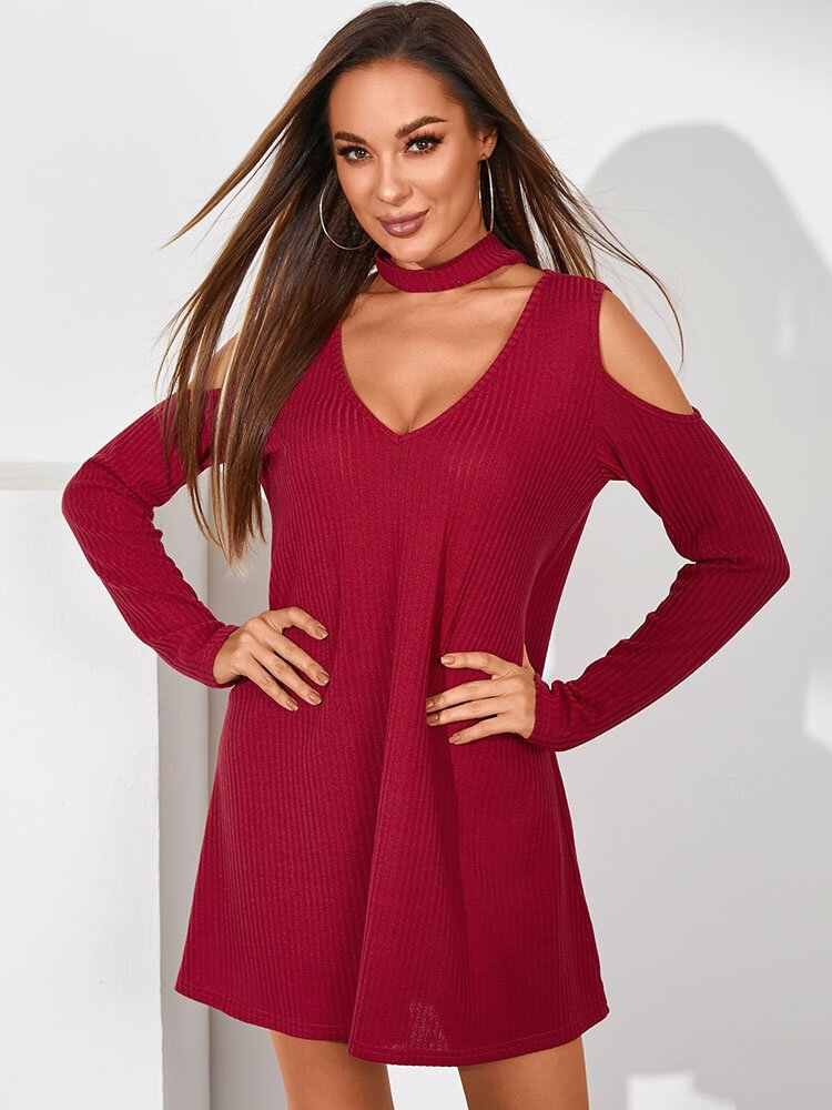 Solid Choker Neck Hollow Long Sleeve Casual Dress