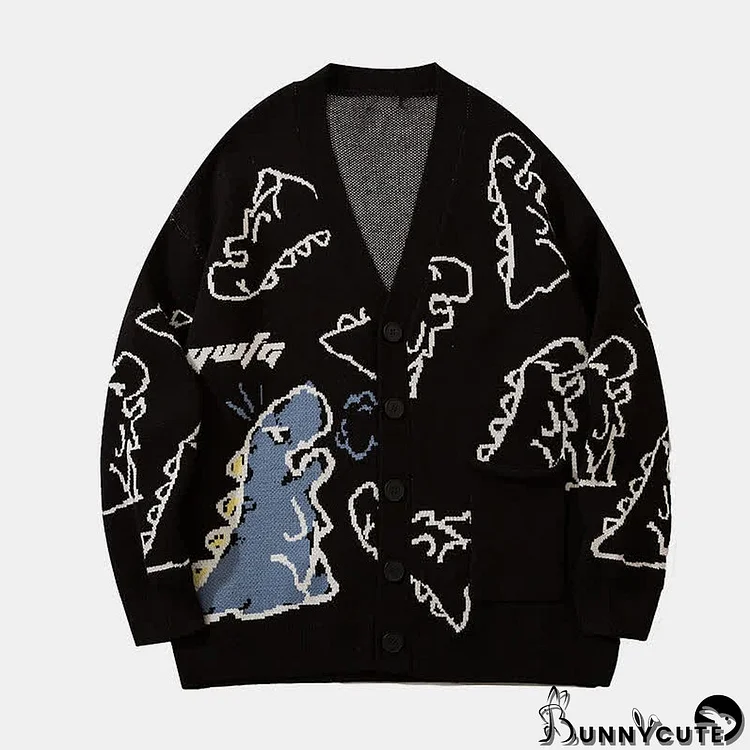 Cartoon Dinosaur Print Knit V-neck Cardigan Sweater