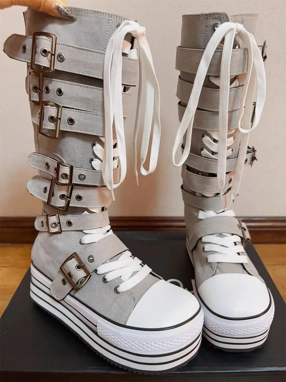 VCshoes Women Wasteland Punk Long Boots Woman High Wedges Heels Pumps Lady Dress Party Shoes Round Toe Grey Canvas Boots 33-45 Buckles
