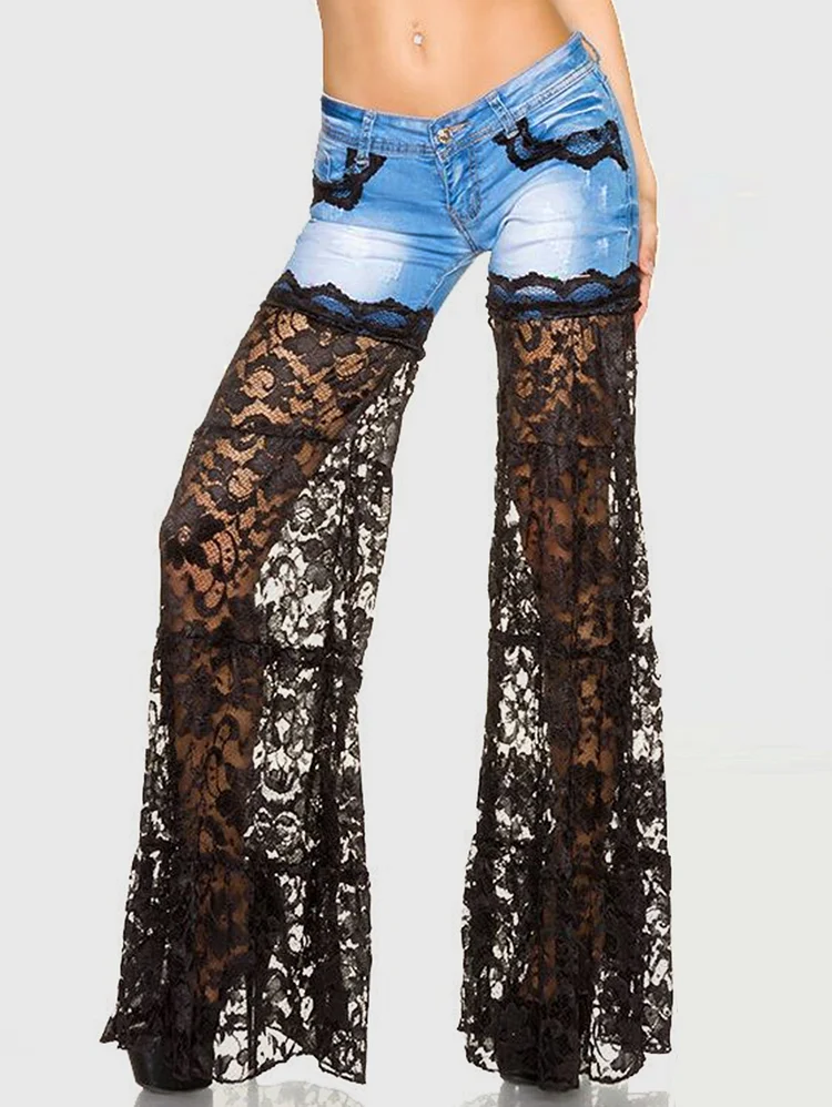 Fashion Denim Lace Patchwork See Through Jeans