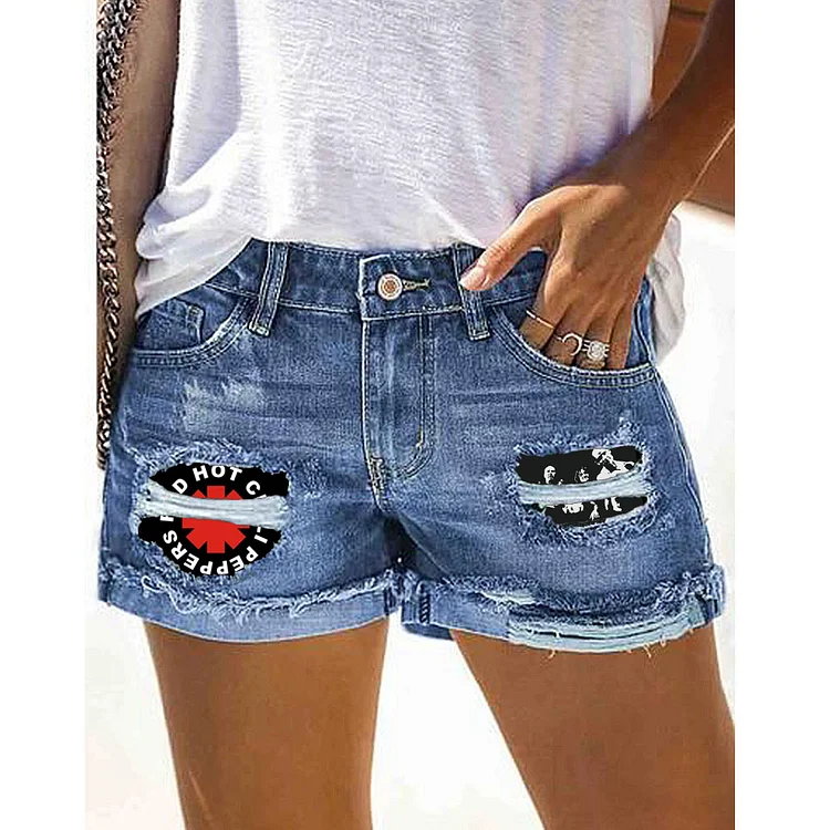 Fashion printed denim shorts with holes