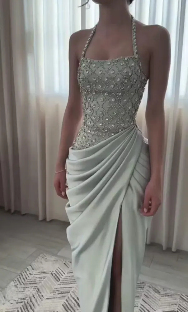 Lussooy Stunning Halter Rhinestone Sleeveless Beading Pleated Prom Dress with Split