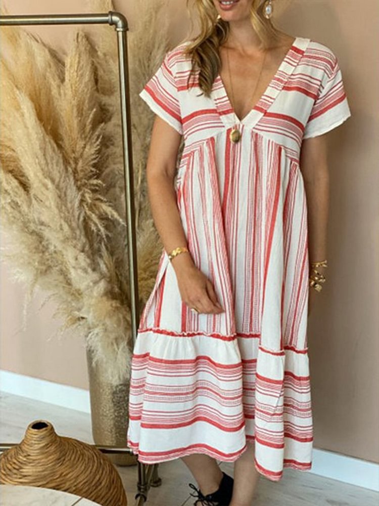 V-neck Striped Short Sleeve Loose Calf-length Dress P16366