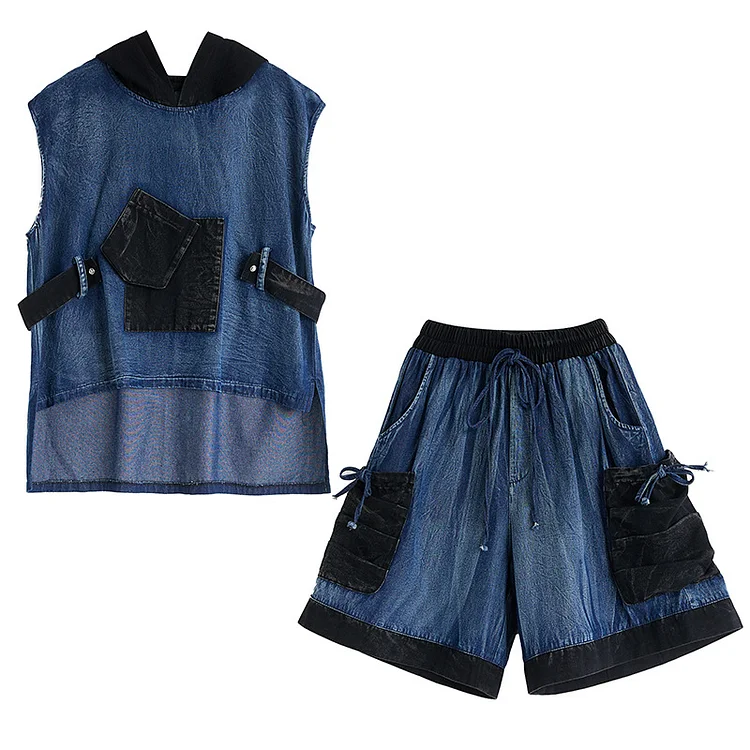 Personalized Denim Hooded Top and Wide Leg Shorts Suits